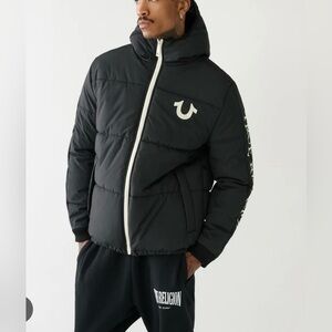 True Religion Men's Black Puffer Jacket with White Accents